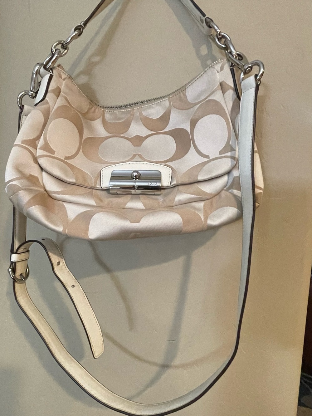 Coach Signature Canvas Shoulder Bag in Beige cream long strap Kristin small